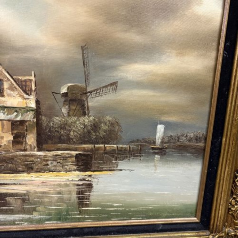 L. Costello, European Coastal Landscape with Windmill, Oil on Canvas