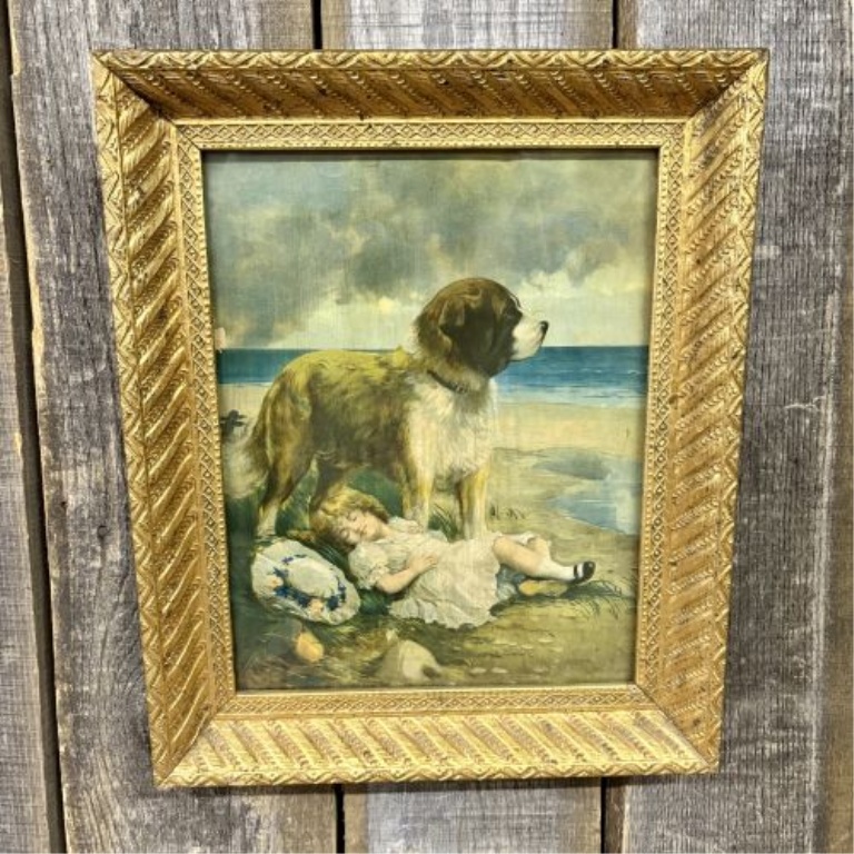 Antique Chromolithograph of a St. Bernard Guarding a Sleeping Child in Ornate Gilded Frame