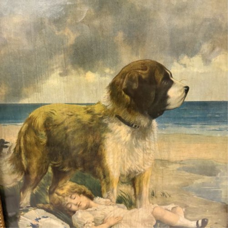 Antique Chromolithograph of a St. Bernard Guarding a Sleeping Child in Ornate Gilded Frame