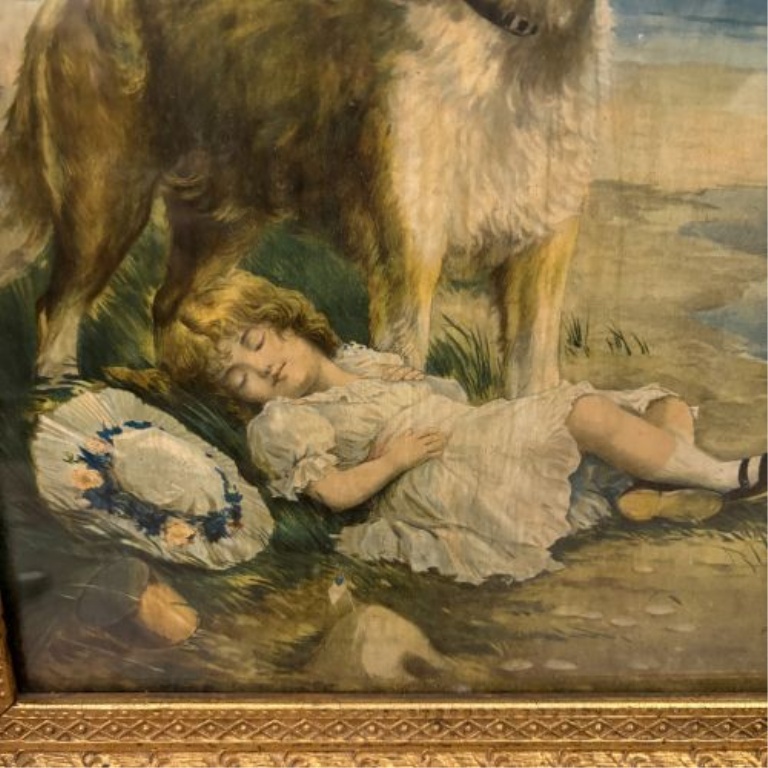 Antique Chromolithograph of a St. Bernard Guarding a Sleeping Child in Ornate Gilded Frame
