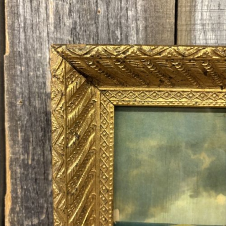 Antique Chromolithograph of a St. Bernard Guarding a Sleeping Child in Ornate Gilded Frame