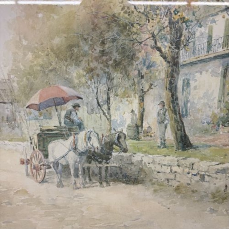 Henry Gasser (American, 1909-1981), Watercolor Street Scene with Carriage