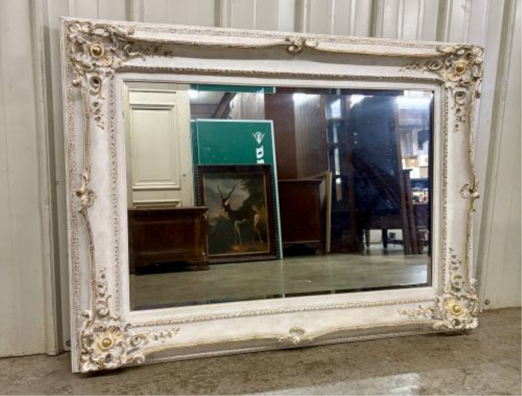 Large Rococo Revival Style Gilt and Off-White Beveled Wall Mirror