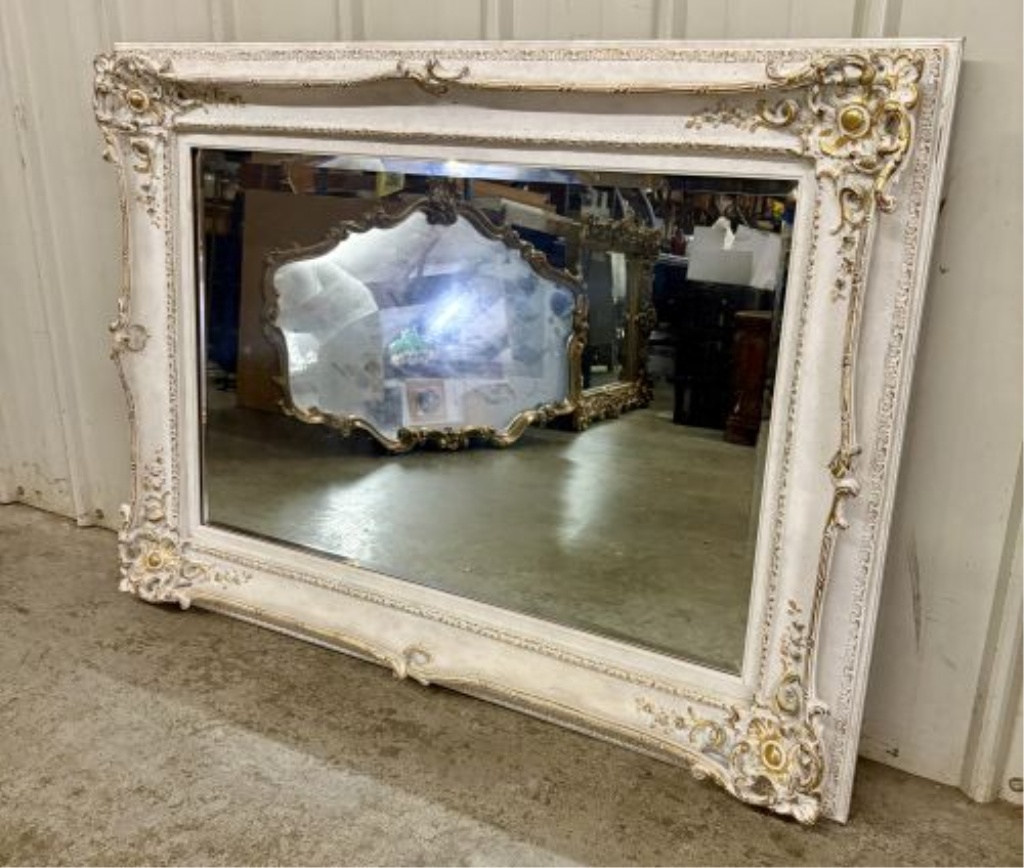 Large Rococo Revival Style Gilt and Off-White Beveled Wall Mirror
