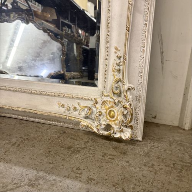 Large Rococo Revival Style Gilt and Off-White Beveled Wall Mirror