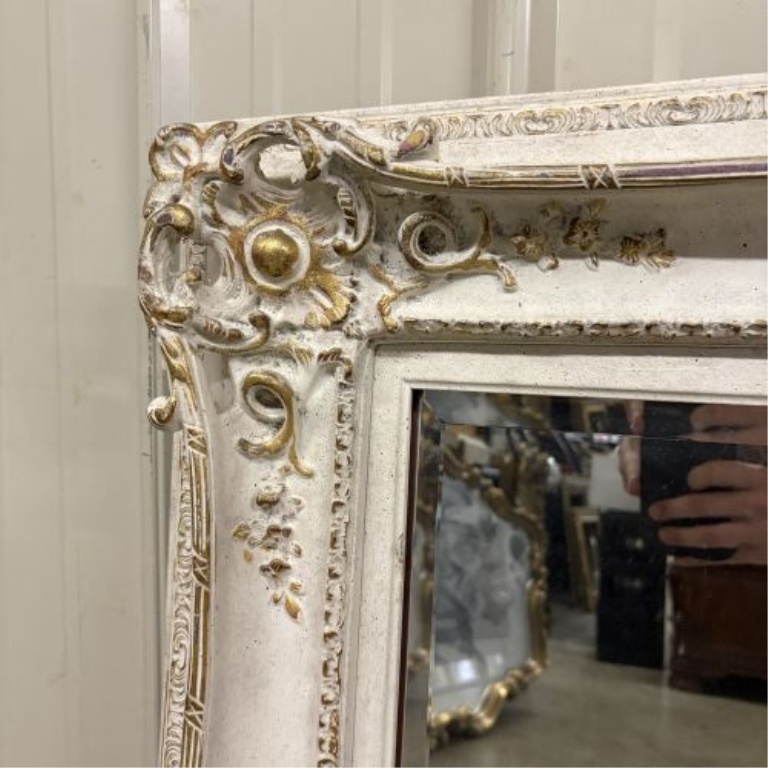 Large Rococo Revival Style Gilt and Off-White Beveled Wall Mirror