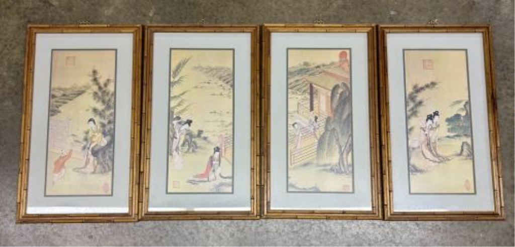 Set of Four Framed Chinese Decorative Artworks in Faux Bamboo Frames