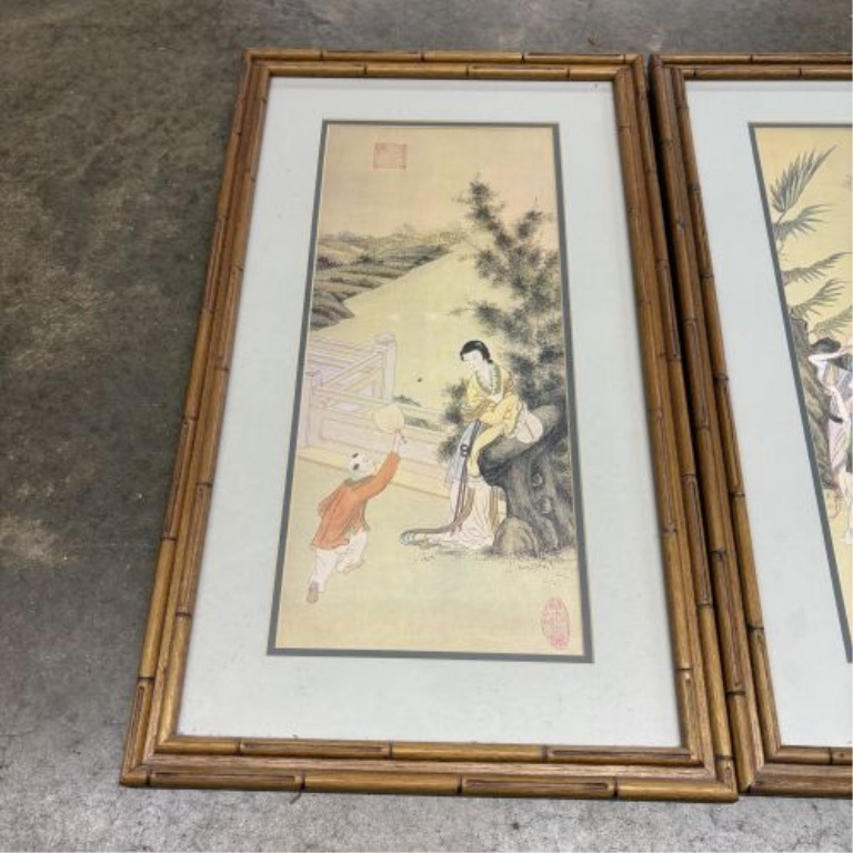 Set of Four Framed Chinese Decorative Artworks in Faux Bamboo Frames