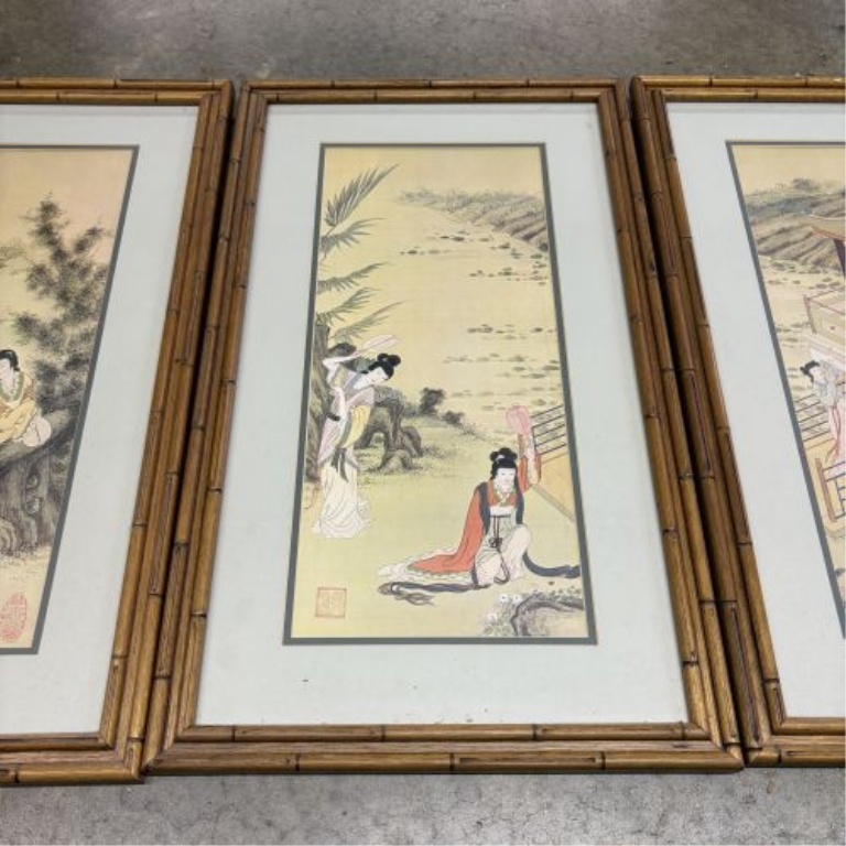 Set of Four Framed Chinese Decorative Artworks in Faux Bamboo Frames