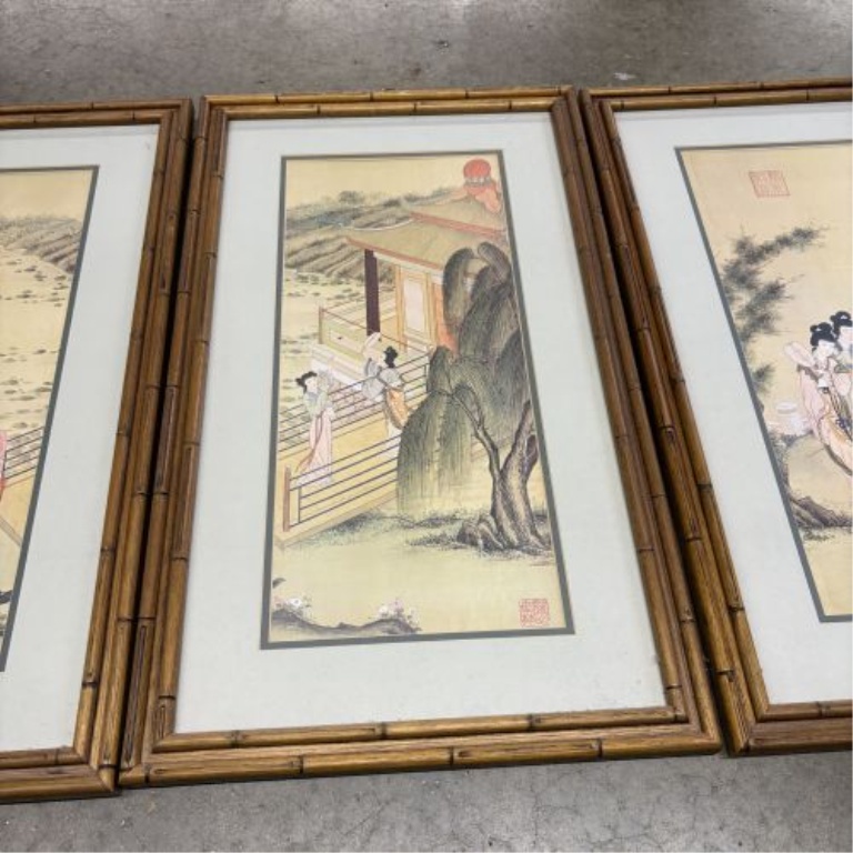 Set of Four Framed Chinese Decorative Artworks in Faux Bamboo Frames