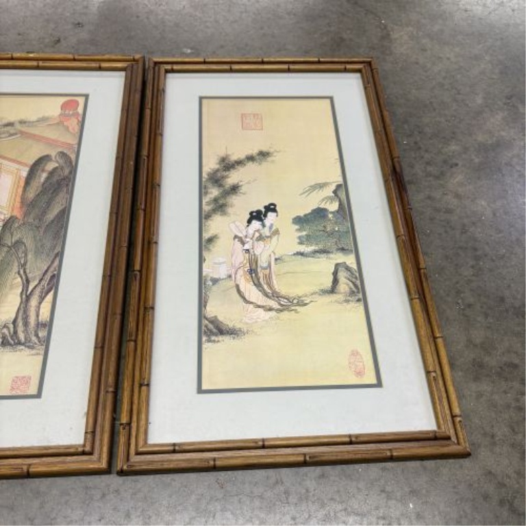 Set of Four Framed Chinese Decorative Artworks in Faux Bamboo Frames