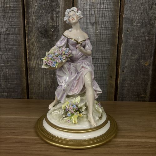 Capodimonte Cesare Villari Porcelain Figurine of a Seated Lady with Flower Basket