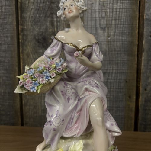 Capodimonte Cesare Villari Porcelain Figurine of a Seated Lady with Flower Basket