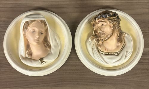 A Pair of Vintage Chalkware Religious Wall Plaques Depicting Jesus and the Virgin Mary