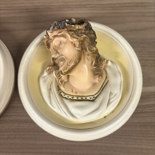 A Pair of Vintage Chalkware Religious Wall Plaques Depicting Jesus and the Virgin Mary