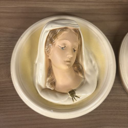 A Pair of Vintage Chalkware Religious Wall Plaques Depicting Jesus and the Virgin Mary