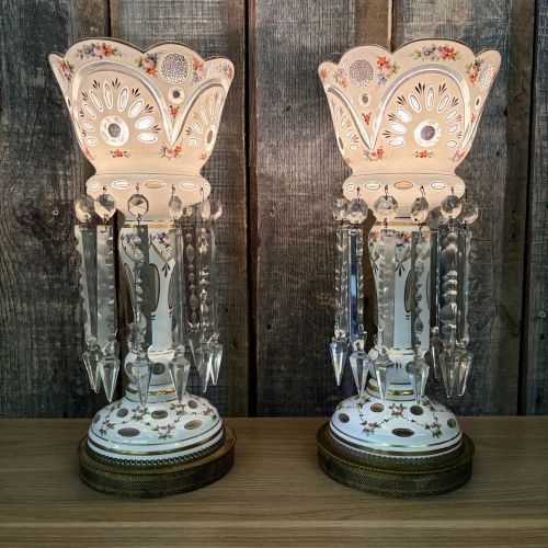 A Pair of Bohemian White Cased Glass Mantle Luster Lamps