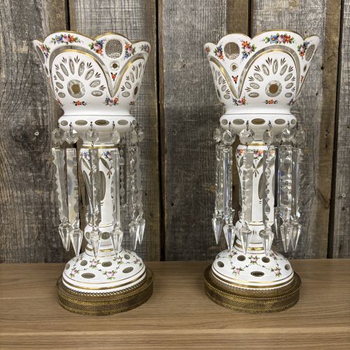 A Pair of Bohemian White Cased Glass Mantle Luster Lamps