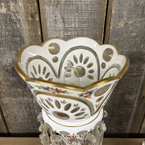 A Pair of Bohemian White Cased Glass Mantle Luster Lamps