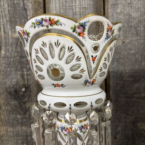 A Pair of Bohemian White Cased Glass Mantle Luster Lamps