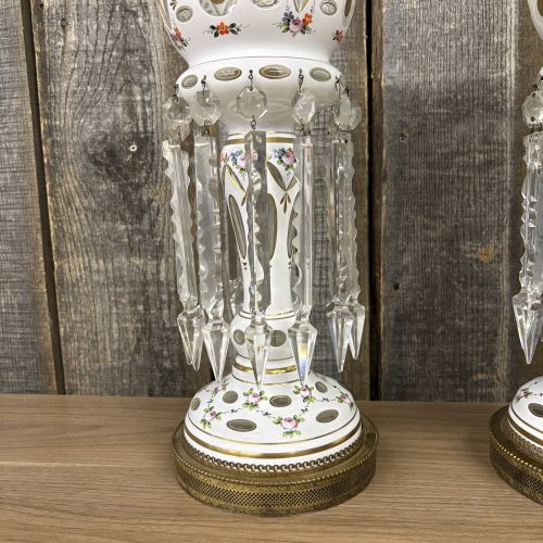 A Pair of Bohemian White Cased Glass Mantle Luster Lamps