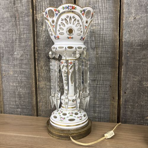 A Pair of Bohemian White Cased Glass Mantle Luster Lamps