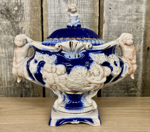 Norleans Italian Ceramic Cobalt Blue and Gold Cherub Lidded Urn
