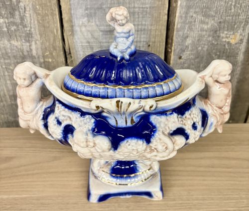 Norleans Italian Ceramic Cobalt Blue and Gold Cherub Lidded Urn