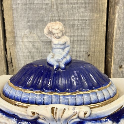 Norleans Italian Ceramic Cobalt Blue and Gold Cherub Lidded Urn