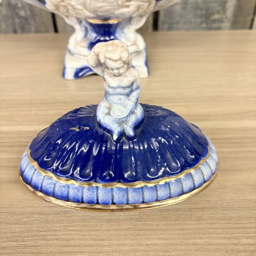 Norleans Italian Ceramic Cobalt Blue and Gold Cherub Lidded Urn