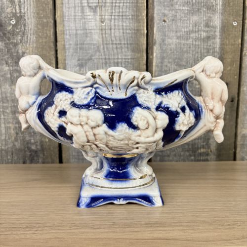 Norleans Italian Ceramic Cobalt Blue and Gold Cherub Lidded Urn