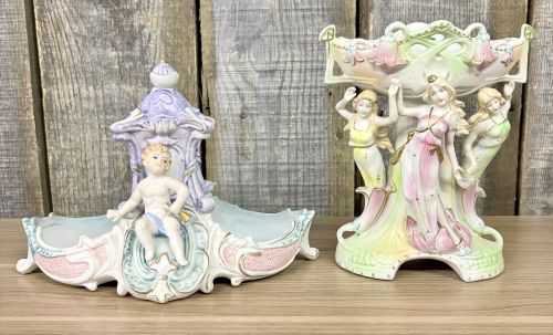 Two Paulux Occupied Japan Bisque Porcelain Figural Centerpieces