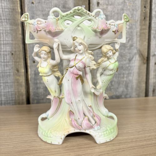 Two Paulux Occupied Japan Bisque Porcelain Figural Centerpieces