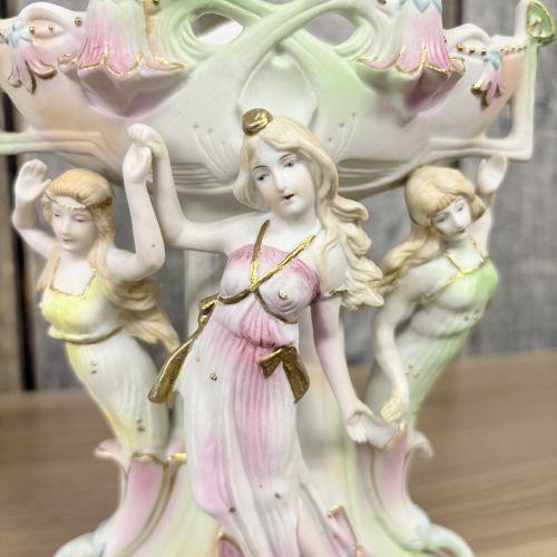 Two Paulux Occupied Japan Bisque Porcelain Figural Centerpieces