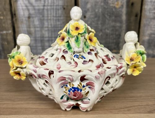 Italian Reticulated Majolica Lidded Bowl with Putti and Applied Flowers