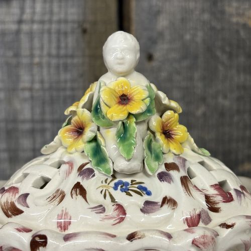 Italian Reticulated Majolica Lidded Bowl with Putti and Applied Flowers