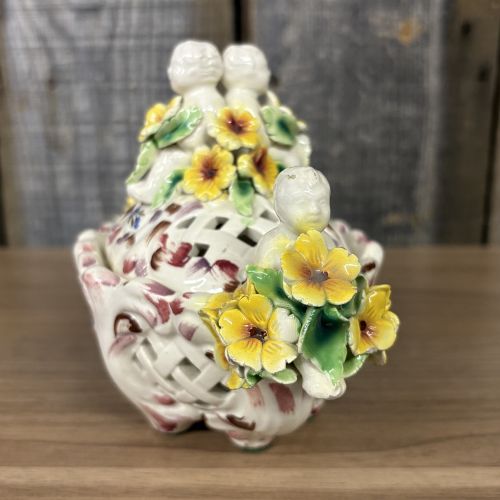 Italian Reticulated Majolica Lidded Bowl with Putti and Applied Flowers