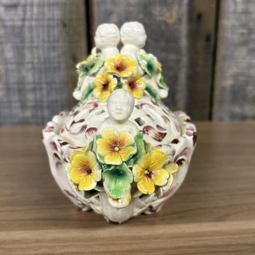 Italian Reticulated Majolica Lidded Bowl with Putti and Applied Flowers