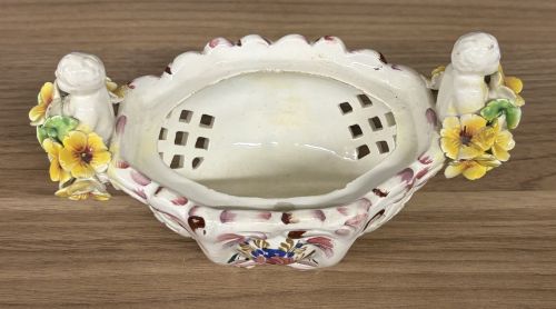 Italian Reticulated Majolica Lidded Bowl with Putti and Applied Flowers