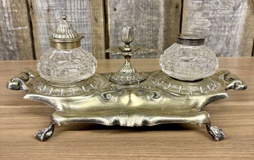 Victorian Silver Plated Rococo Revival Inkstand with Twin Cut Glass Inkwells