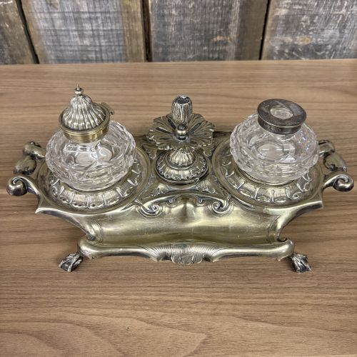 Victorian Silver Plated Rococo Revival Inkstand with Twin Cut Glass Inkwells
