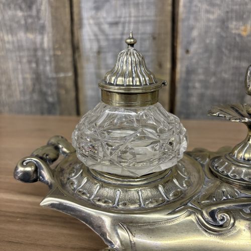 Victorian Silver Plated Rococo Revival Inkstand with Twin Cut Glass Inkwells