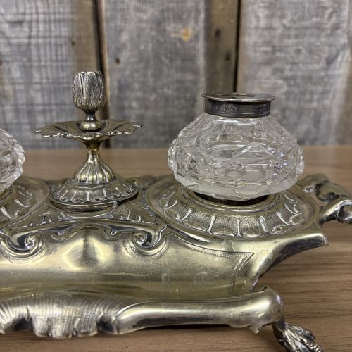 Victorian Silver Plated Rococo Revival Inkstand with Twin Cut Glass Inkwells