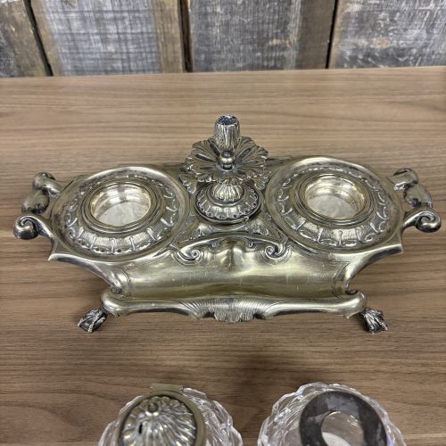 Victorian Silver Plated Rococo Revival Inkstand with Twin Cut Glass Inkwells