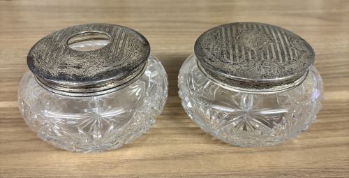 A Pair of Antique Sterling Silver and Cut Glass Vanity Jars