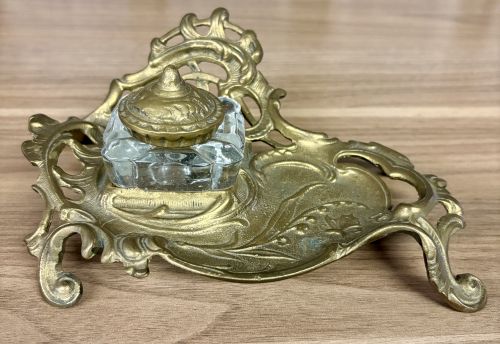Art Nouveau Cast Brass and Glass Desk Inkstand