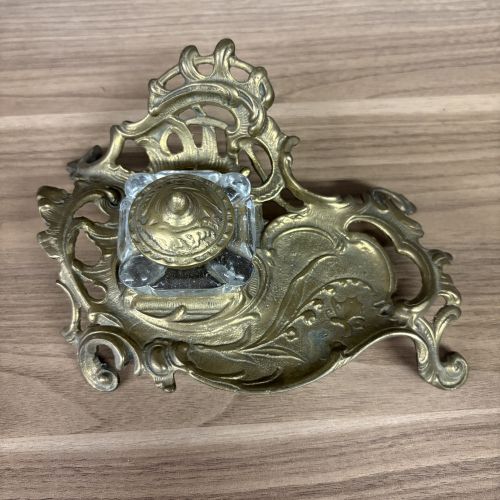 Art Nouveau Cast Brass and Glass Desk Inkstand