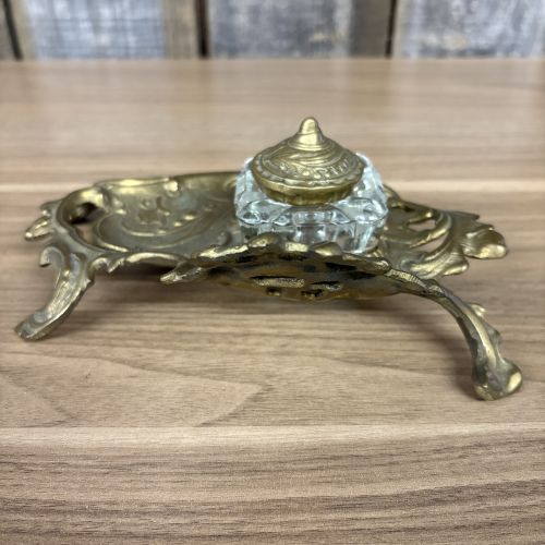Art Nouveau Cast Brass and Glass Desk Inkstand