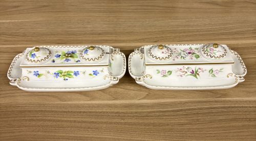 A Pair of Japanese Porcelain Double Inkwells with Integral Trays