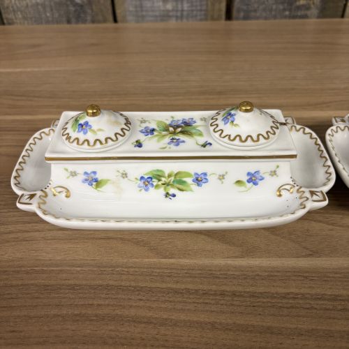 A Pair of Japanese Porcelain Double Inkwells with Integral Trays